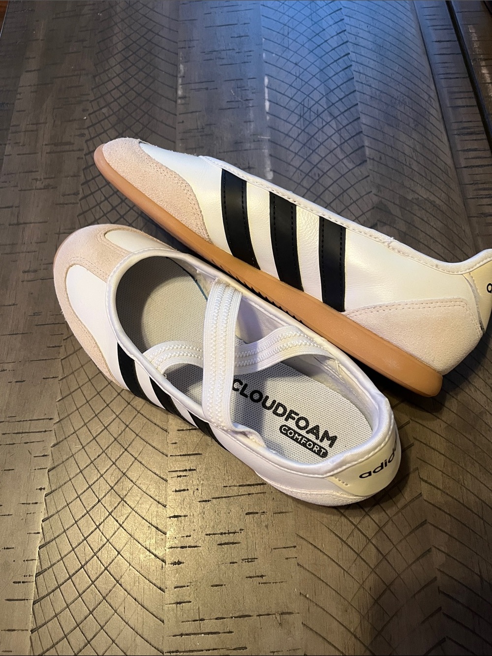Adidas White & Black Cloudfoam Mary-Jane Sneakers with Gum Sole